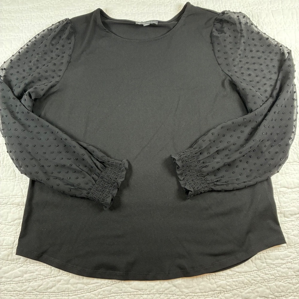 Adrianna Papell Blouse Women's Large Black Swiss Dot Sheer Sleeve Top Romantic